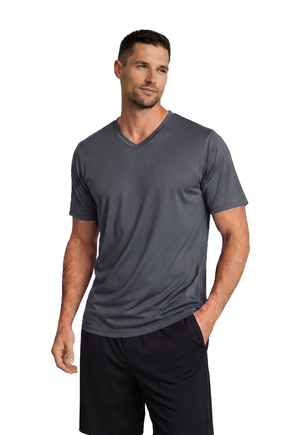 HOMME T-SHIRT COL-V GRIS