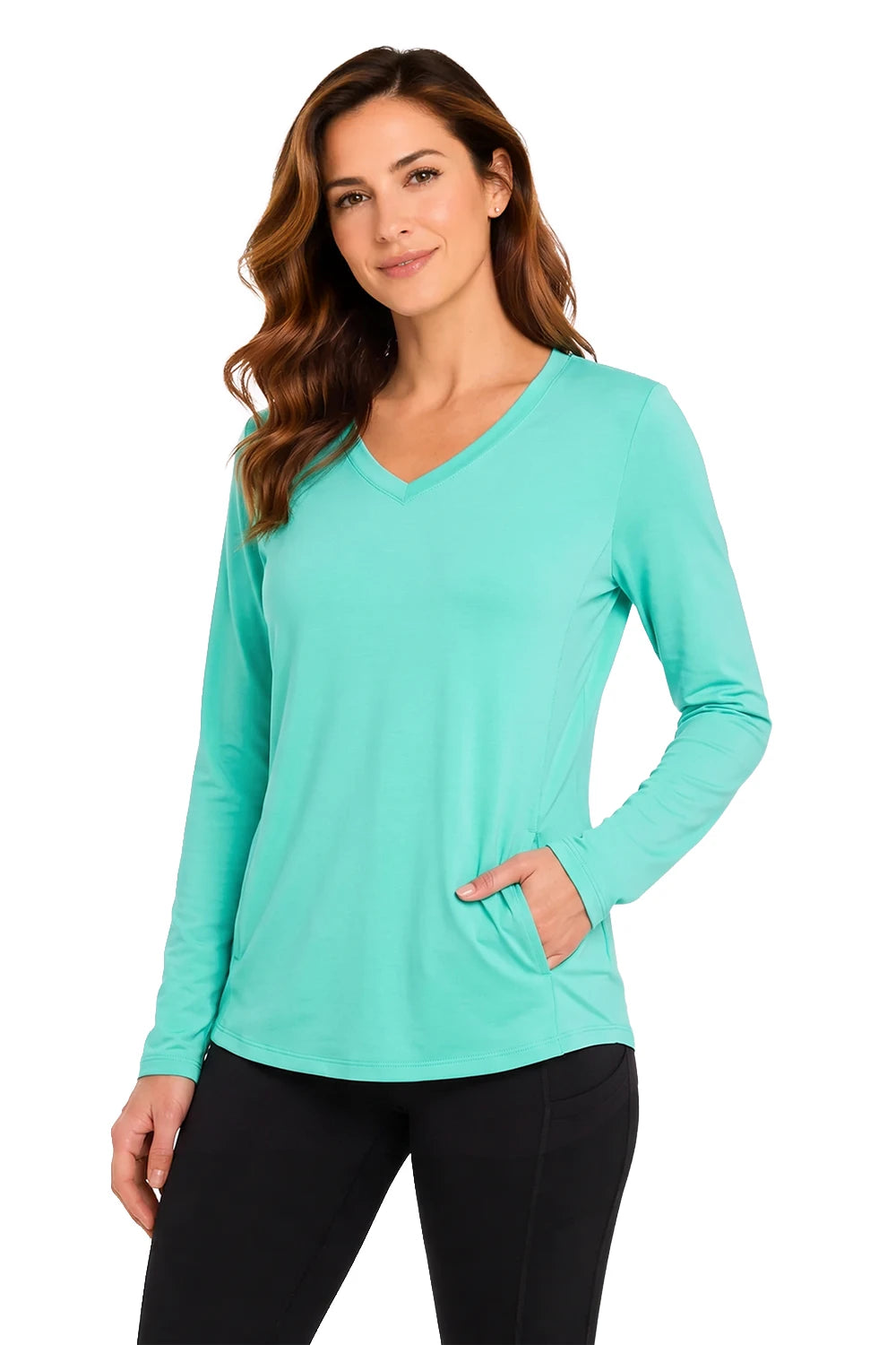 FEMME MANCHES LONGUES T-SHIRT COL-V VERT MENTHE